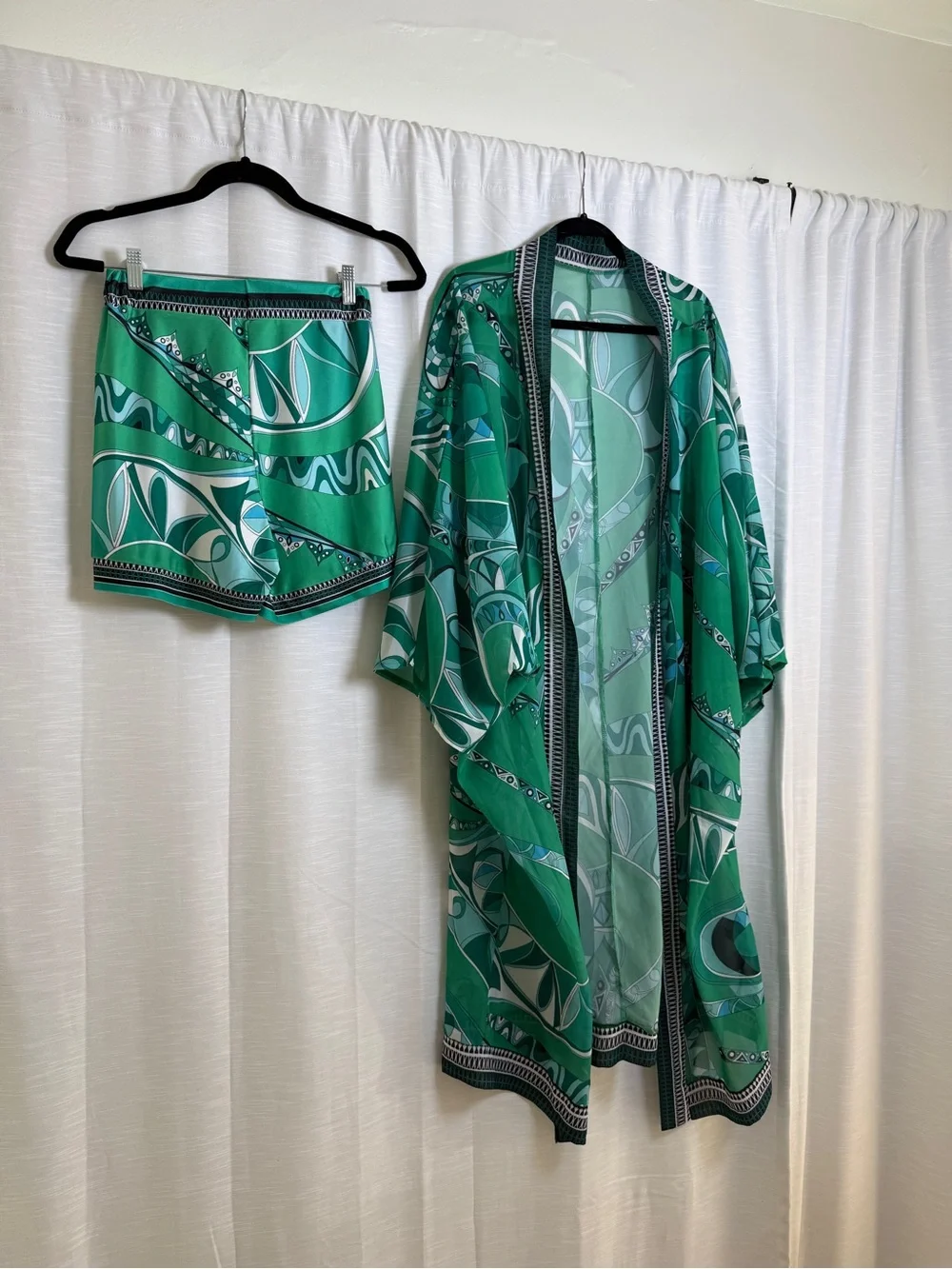 Green Abstract Print Kimono & Shorts Matching Set | Size S